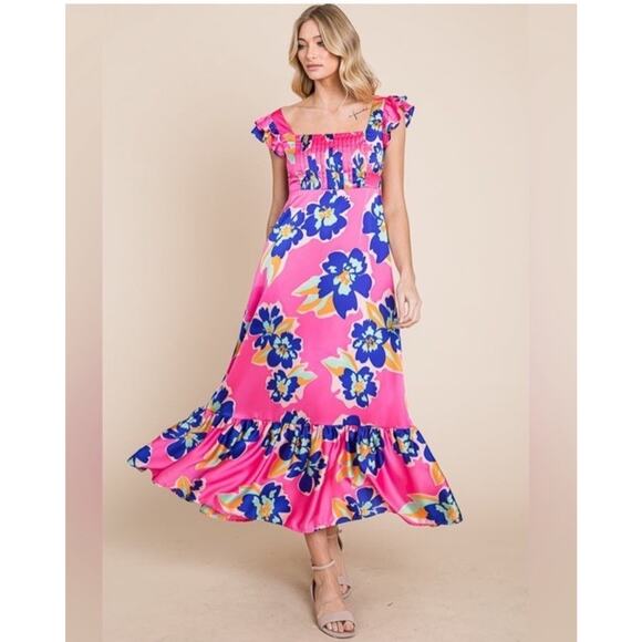 VANILLA BAY Colorful Floral Pleated Bodice Smocked Ruffle Midi Dress Sz S NWT - Picture 2 of 14